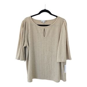 Zac & Rachel Metallic Blouse Women Sz L Beige Flutter 3/4 Sleeve Front Cut  Out